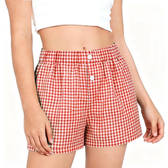 Fengactive Girls Gingham Loungewear Shorts Elastic Waist Button Detail Straight Leg with Convenient Side Pockets for 5-14T