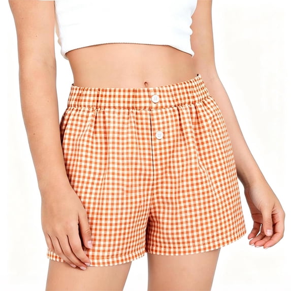 Fengactive Girls Gingham Loungewear Shorts Elastic Waist Button Detail Straight Leg with Convenient Side Pockets for 5-14T