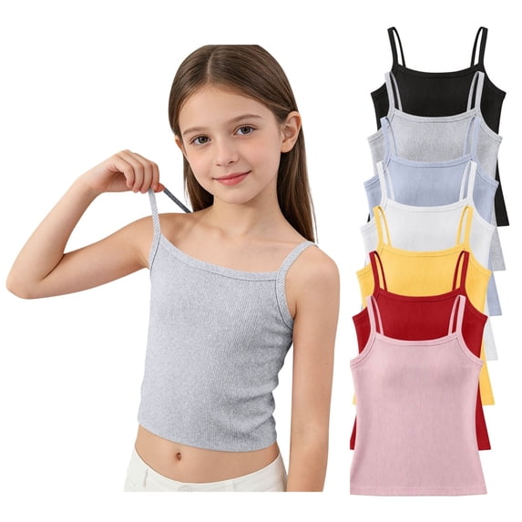 QINGFSAP Girls Ribbed Knit Spaghetti Strap Tank Top Square Neck Puberty Camisole Casual Summer Basic Undergarment for 7-13T