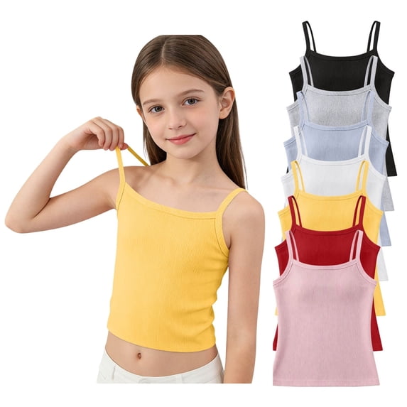 QINGFSAP Girls Ribbed Knit Spaghetti Strap Tank Top Square Neck Puberty Camisole Casual Summer Basic Undergarment for 7-13T