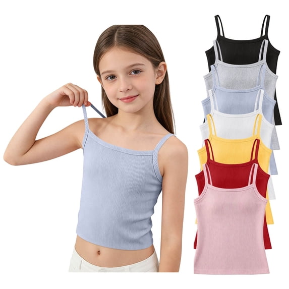 QINGFSAP Girls Ribbed Knit Spaghetti Strap Tank Top Square Neck Puberty Camisole Casual Summer Basic Undergarment for 7-13T