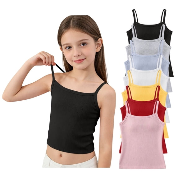 QINGFSAP Girls Ribbed Knit Spaghetti Strap Tank Top Square Neck Puberty Camisole Casual Summer Basic Undergarment for 7-13T