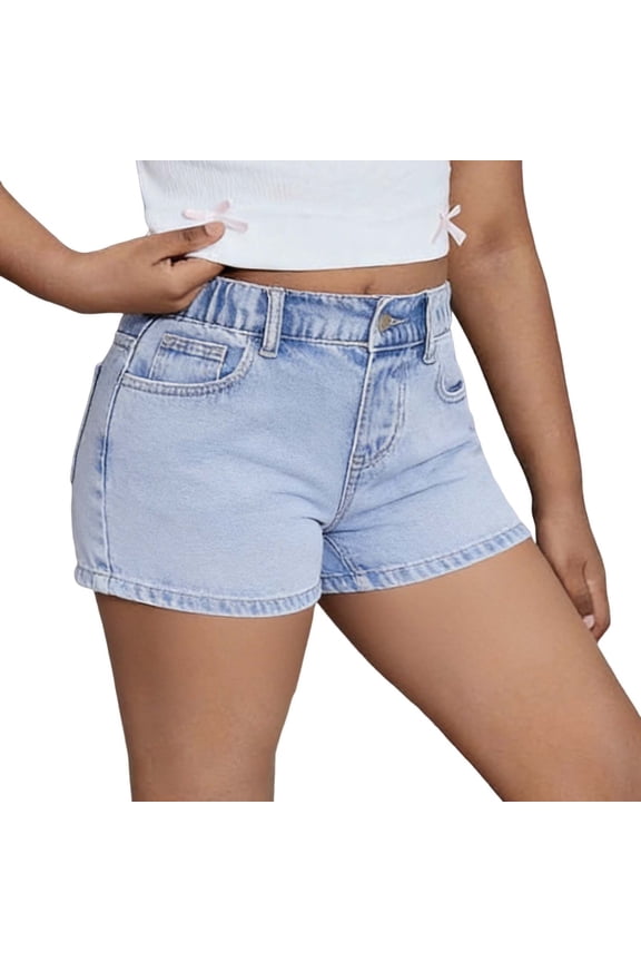 Girls Teens Summer Solid Color Casual Fashion Denim Shorts with Bow Embroidery Back Pocket Washed Kids Bottoms 12-16T