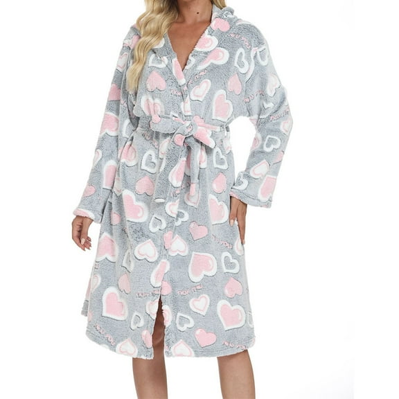 Fengactive Heart Print Hooded Bathrobe for Women Long Shawl Collar Plush Casual Loose Fit Robe with Pockets and Belt