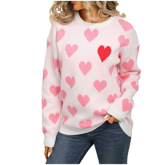 Fengactive Heart Sweater for Women Valentines Cute Print Crewneck Long Sleeve Oversized Sweaters Knit Pullover Tops