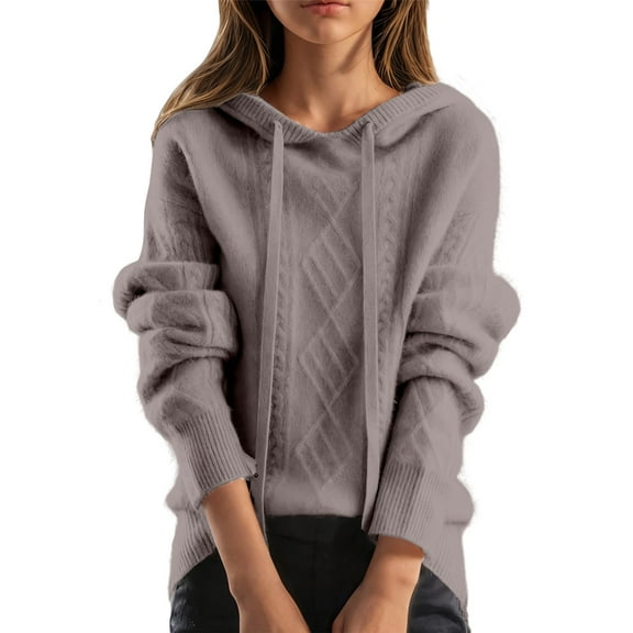 Fengactive Hooded Sweaters for Women Drawstring Loose Cozy Long Sleeve Casual Pullover Crew Neck Knitted Sweater Tops