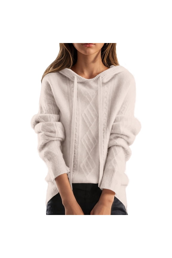 Hooded Sweaters for Women Drawstring Loose Cozy Long Sleeve Casual Pullover Crew Neck Knitted Sweater Tops