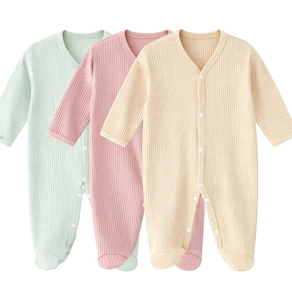 Fengactive Infant Baby Boys Girls 3 PCS Spring Summer Ribbed Footed Jumpsuit V Neck Full Snap Long Sleeve Soft Stretchy Newborn Sleep Romper Set