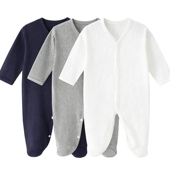 Fengactive Infant Baby Boys Girls 3 PCS Spring Summer Ribbed Footed Jumpsuit V Neck Full Snap Long Sleeve Soft Stretchy Newborn Sleep Romper Set