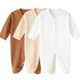 thumbnail image 1 of Fengactive Infant Baby Boys Girls 3 PCS Spring Summer Ribbed Footed Jumpsuit V Neck Full Snap Long Sleeve Soft Stretchy Newborn Sleep Romper Set, 1 of 5