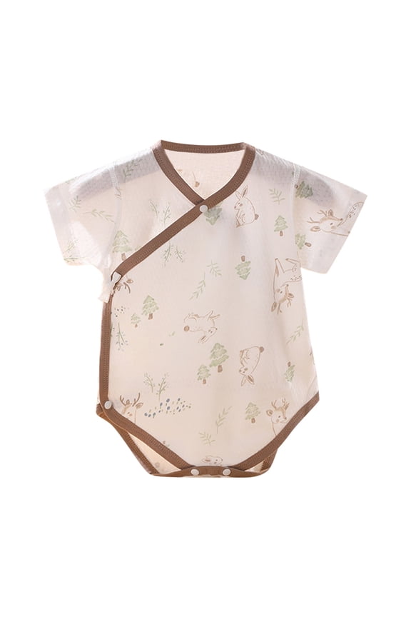 Infant Short Sleeve Wrap Bodysuit Kimono Romper with Allover Pattern and Contrast Edge Detail