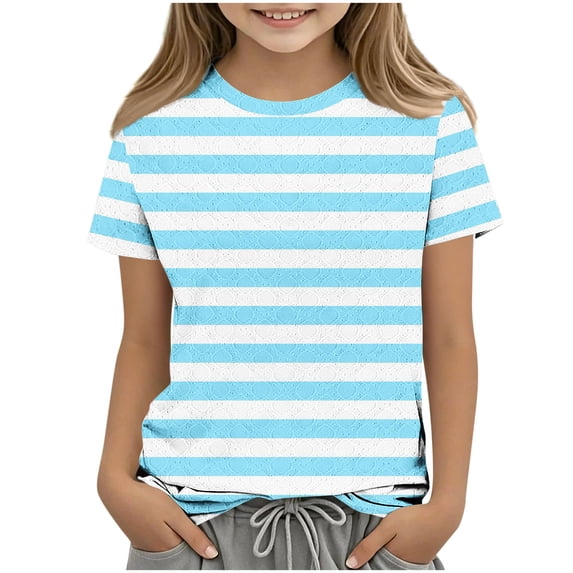QINGFSAP Kids Boys Girls Crew Neck Short Sleeve T Shirt Striped Print Jacquard Casual Top 3-12T