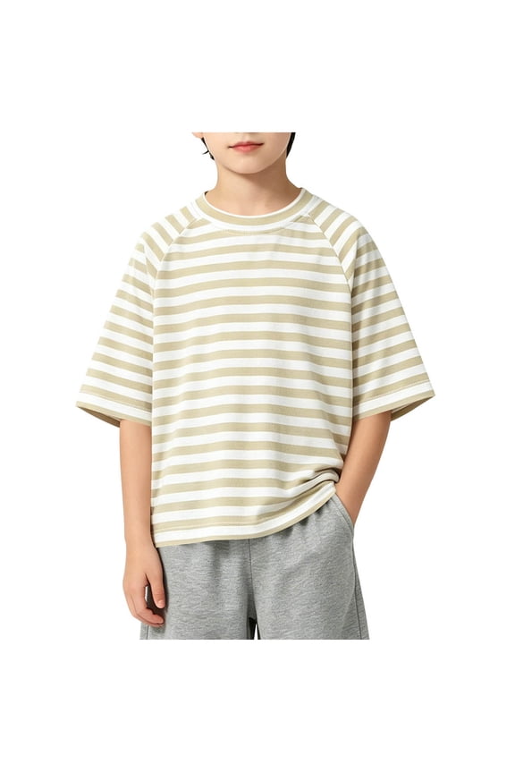 Kids Crew Neck Short Sleeve Tee Classic Stripe Raglan Shoulder Soft Versatile Daily Shirts for Boys Girls for 0‑8Y