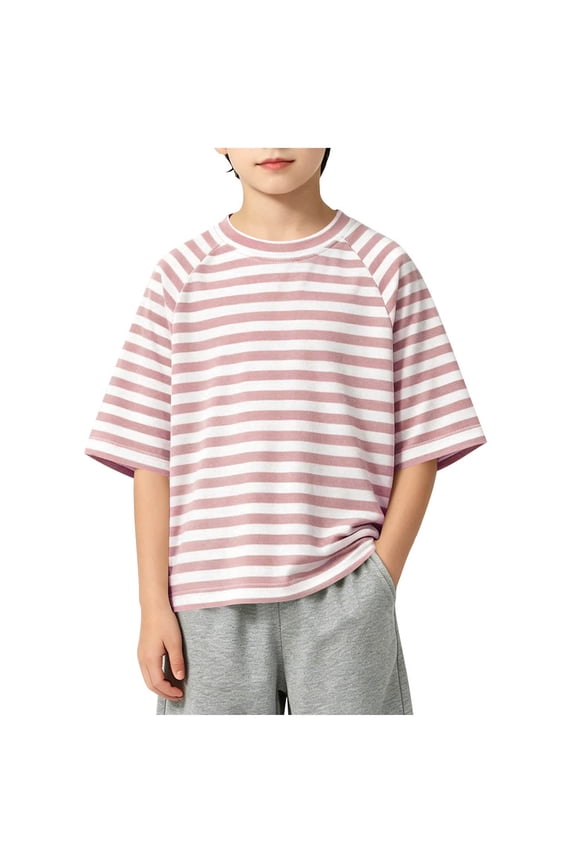 Kids Crew Neck Short Sleeve Tee Classic Stripe Raglan Shoulder Soft Versatile Daily Shirts for Boys Girls for 0‑8Y