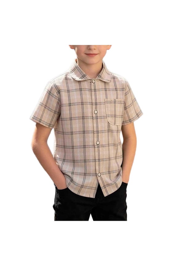 Kids Loose Plaid Shirt For Boys Point Collar Short Sleeve Button Front Chest Pocket Breathable Summer Daily Wear 1T-12T