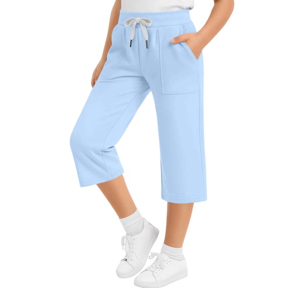 Fengactive Kids Summer Solid Loose Wide Leg Capri Sweatpants Drawstring Elastic Waist Large Patch Pocket Casual Athletic Cropped Trousers 5-15T