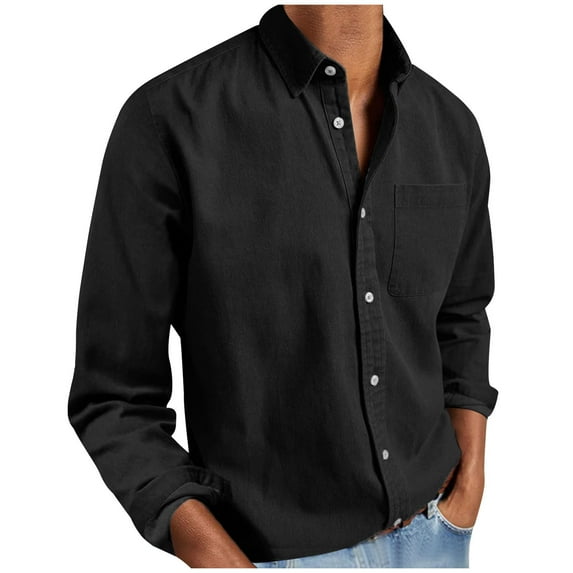 Fengactive Lapel Shirts for Men Casual Long Sleeve Button Down Blouse Solid Color Lightweight Loose Tops with Chest Pocket