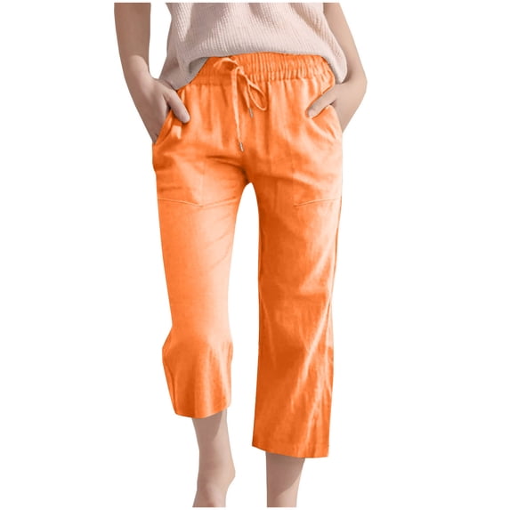 Fengactive Little Girls Cotton Linen Straight Leg Capri Pants Elastic Waist Drawstring Lounge Pants for Girls with Pockets