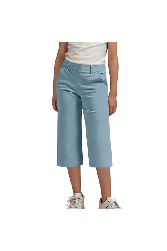 Little Girls Straight Leg Dress Capri Pants High Waisted Office Work Pants Capris for Girls with Pockets