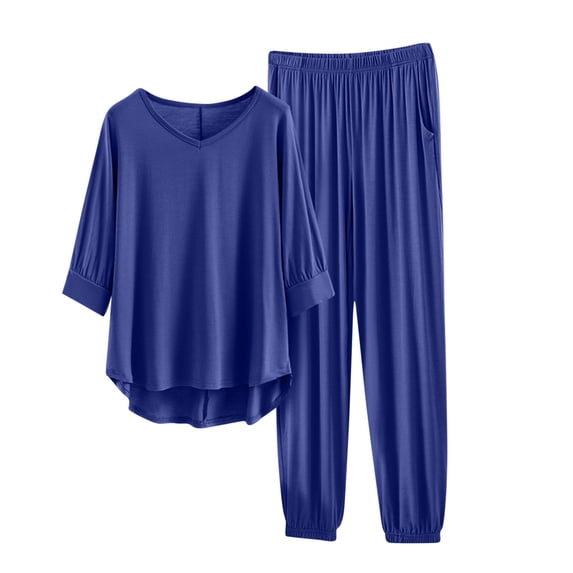 Fengactive Lounge Pajamas Sets for Women 3/4 Length Sleeve V Neck Tops Elastic Waist Wide Leg Pants Outfits
