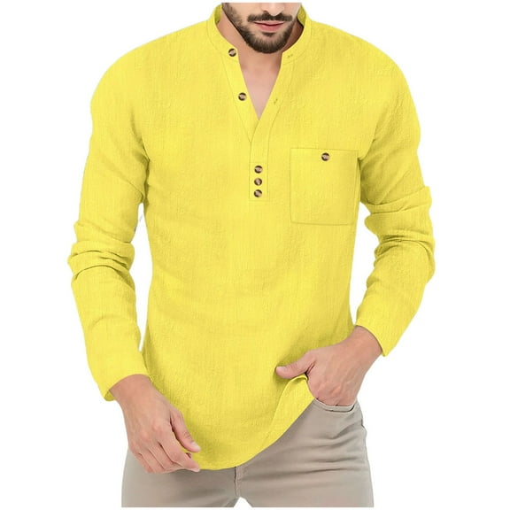 Fengactive Men's Casual Henley Shirt Long Sleeve Band Collar Shirts Beach Button T-Shirts with Pocket
