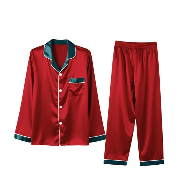 Fengactive Men's Christmas Loungewear Satin Silk Comfy Pajamas Sets Long Sleeve Holiday Button Down Xmas Nightwear