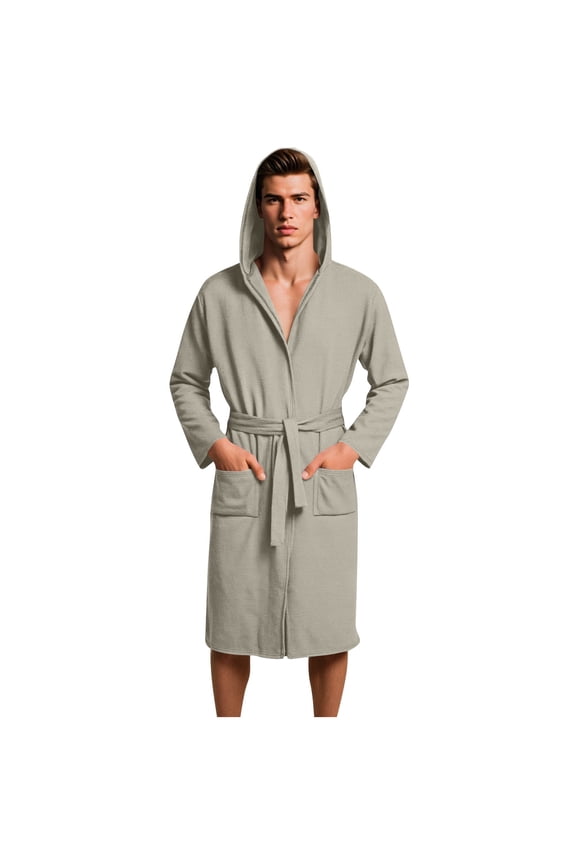 Men's Hooded Robe Full-Length Belted Bathrobe with Pockets Soft Long Sleeve Loungewear Nightwear