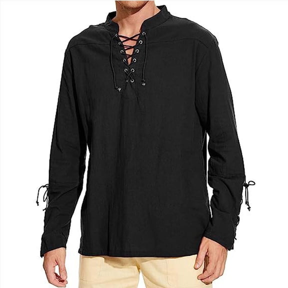 Fengactive Men's Lace Up Shirts Casual Long Sleeve Mock Neck Solid Color Henley Blouse Drawstring Arm Banded Tops