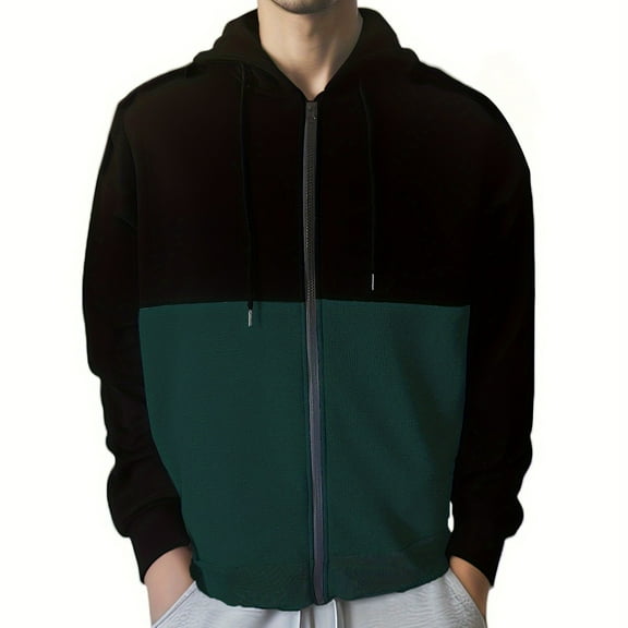 Fengactive Men's Long Sleeve Hoodie Color Block Zip Up Athletic Workout Hooded Sweatshirt Jacket Pullovers