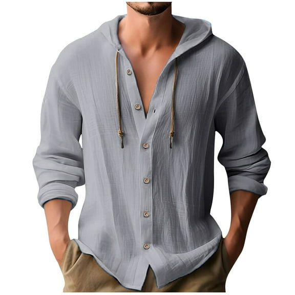 Fengactive Men's Long Sleeve Shirts Drawstring Hooded Sweatshirts Casual Solid Color Button Shirts