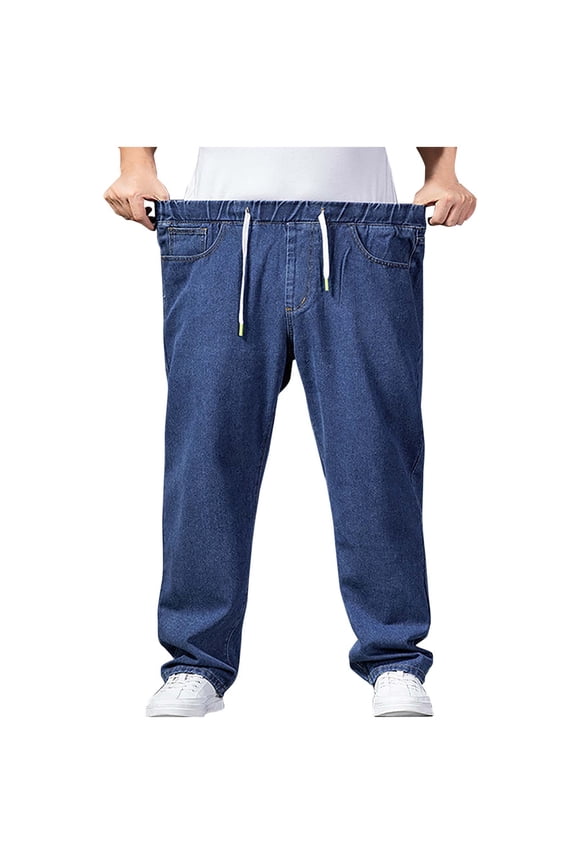 Men's Plus Size Baggy Jeans Elastic Waist Drawstring Casual Straight Leg Pants Comfortable Relaxed Fit