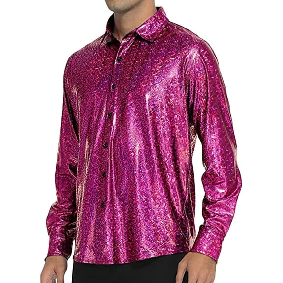 Fengactive Men's Vintage Sequin Glitter Shirts Long Sleeve Turn-Down Collar Button-Up Shirt Solid Party Dress Shirts