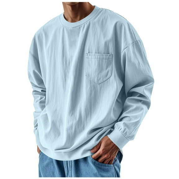 Fengactive Mens Oversized Long Sleeve Crewneck Shirts 2025 Fall Casual Round Neck T-Shirt Washed Tops with Pocket