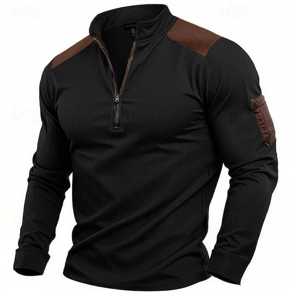Fengactive Mens Quarter Zip Pullovers Patchwork Stand Collar Long Sleeve Sweatshirt Ribbed Textured Fall Winter T-Shirt