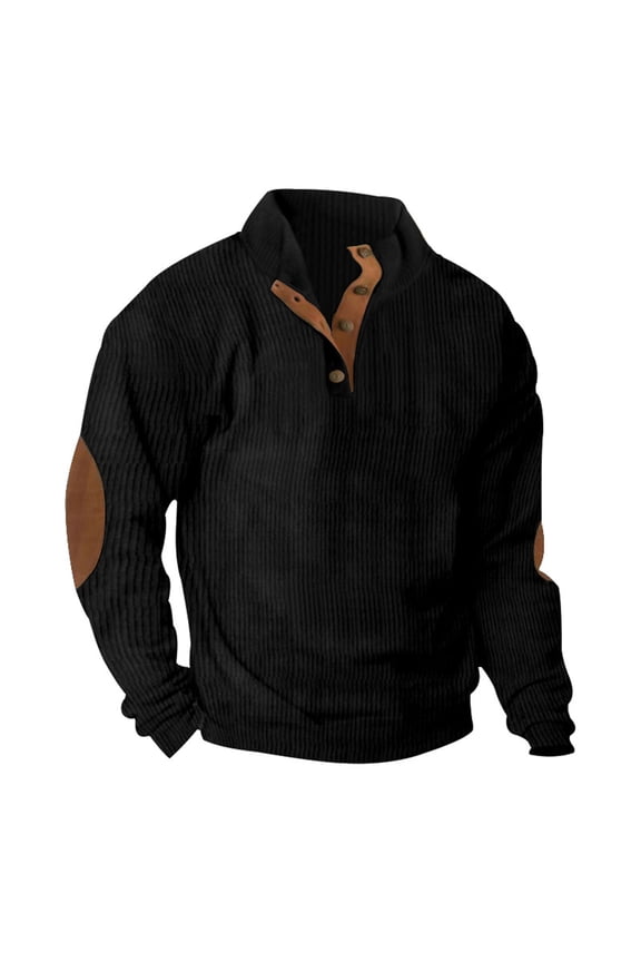 Mens Sweater with Elbow Patches Long Sleeve Button Turtleneck Shirts Vintage Sweatshirts