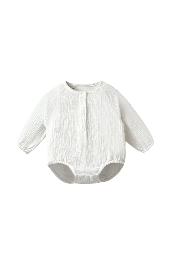 Newborn Infant 0-2T Long Sleeve Gauze Bodysuit Solid Henley Snap Front Soft Cotton Daily Wear Triangle Romper