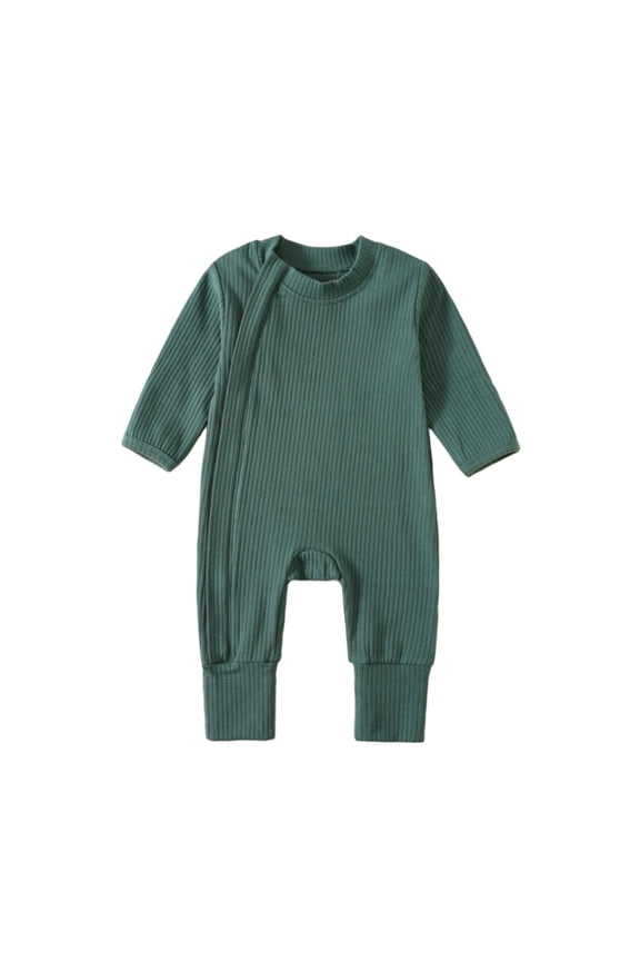 Newborn Infant Solid Ribbed Long Onesie Side Zipper Design Adjustable Hand Foot Covers Lightweight Daily Spring Bodysuit 0-18M