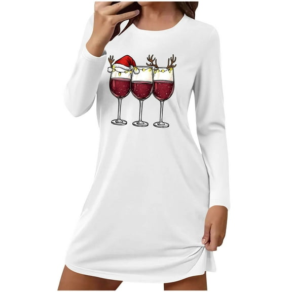 Fengactive Nightgown for Women Christmas Wine Glass Print Cute Long Sleeve Loose Crewneck Nightshirts Sleepwear