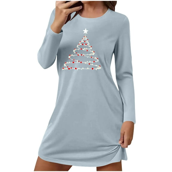 Fengactive Nightgown for Women Cute Christmas Tree Graphic Long Sleeve Dress Loose Crewneck Sleepwear Nightshirts