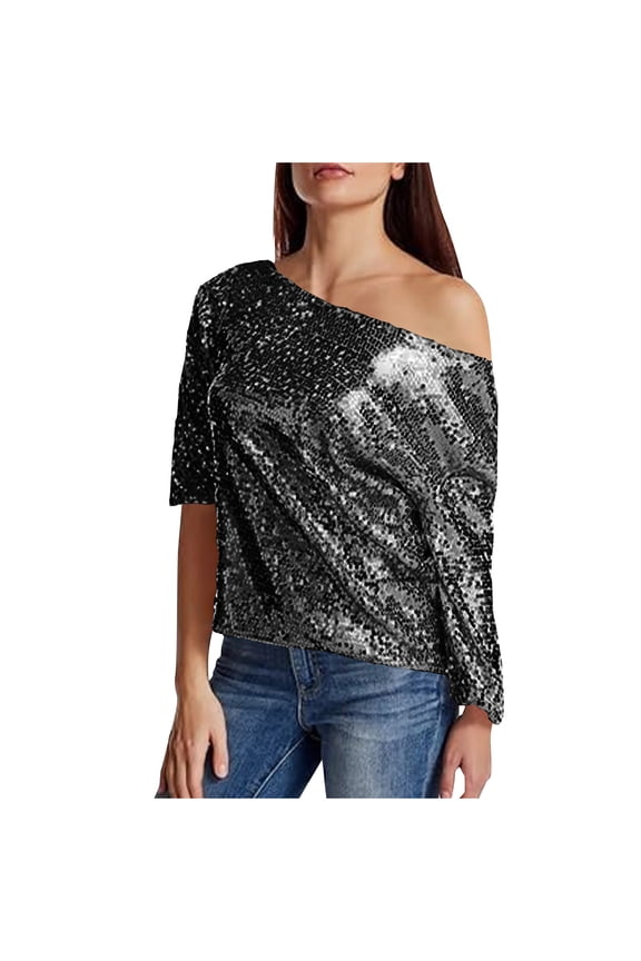 One Shoulder Sequin Sparkly Tops for Women Dressy 3/4 Sleeve Glitter Party Club Night Disco Concert Shirts