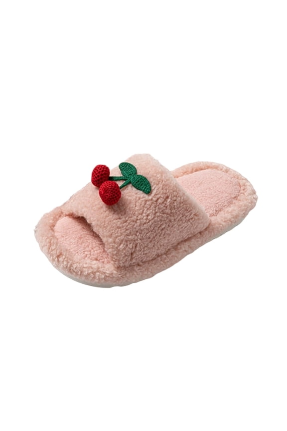 Open-toe Warm Slippers for Women Cherry House Slippers Cozy House Shoes Slides Indoor Outdoor