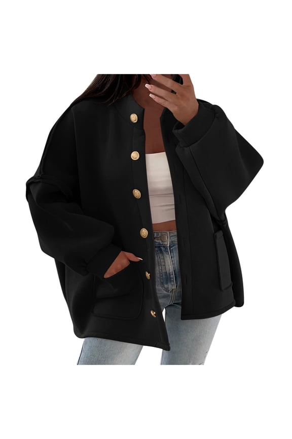 Oversize Sweatshirt Jackets For Women Loose Fit Button Down Winter Jacket Stand Collar Coats with Pockets