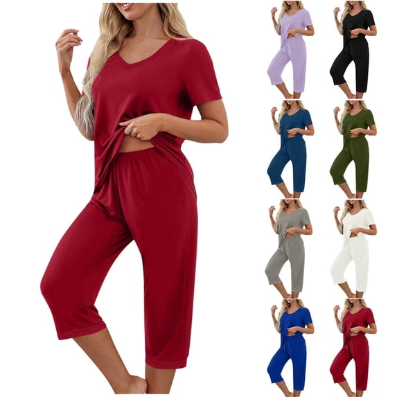 Fengactive Pajama Set for Women 3/4 Sleeve V Neck Top with Capri Pants Pjs 2 Piece Loungewear Solid Color Soft Sleepwear