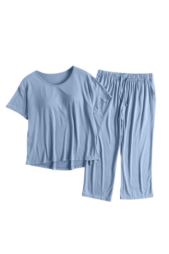 Pajama Sets for Women 2 Piece Short Sleeve Tops Built in Bra Wide Leg Pants Lounge Sets Soft Sleepwear