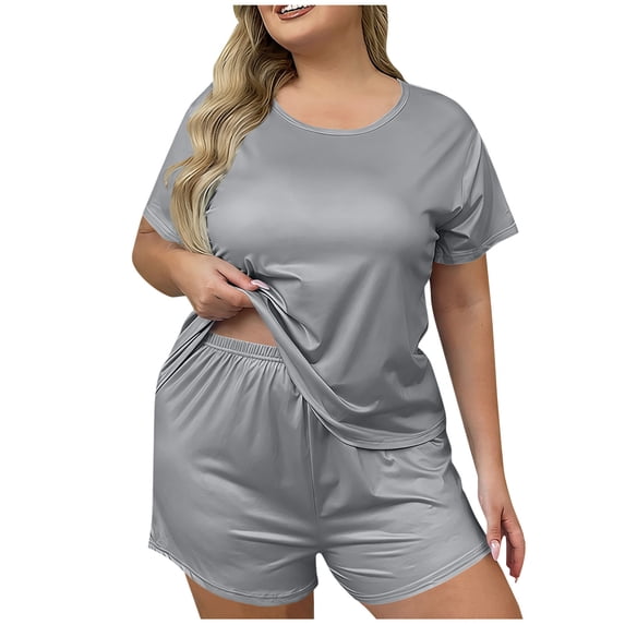 Fengactive Plus Size Womens Silky Satin Pajama Set Crew Neck Short Sleeve Top and Elastic Waist Shorts Relaxed Lounge Sleepwear