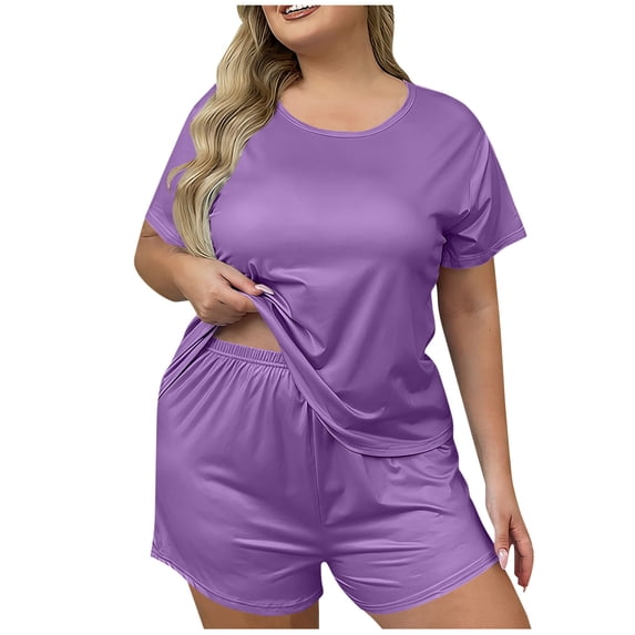 Fengactive Plus Size Womens Silky Satin Pajama Set Crew Neck Short Sleeve Top and Elastic Waist Shorts Relaxed Lounge Sleepwear