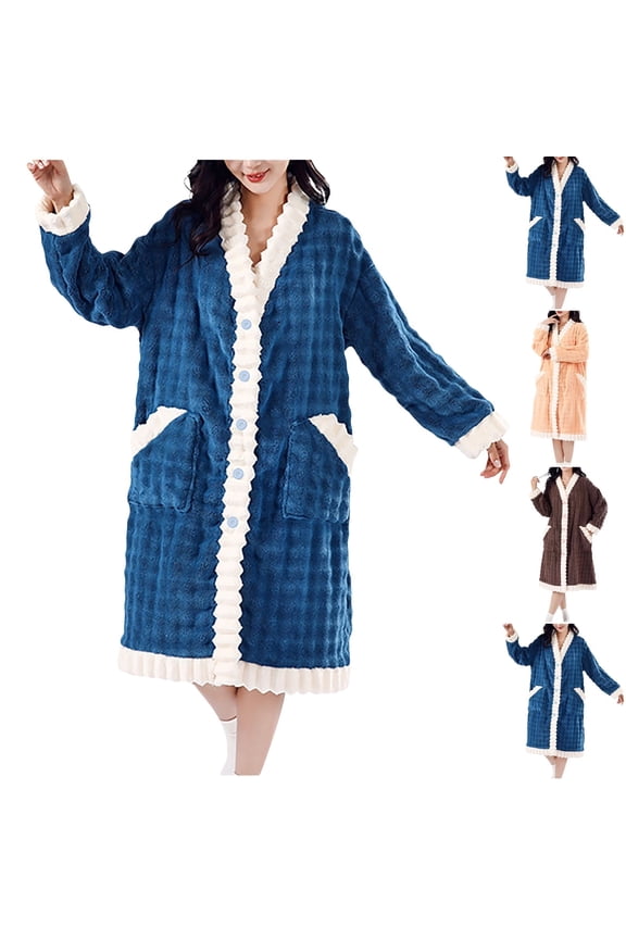 Womens Button Down Bathrobe Collared Contrast Ruffle Trim Front Pockets Sleepwear