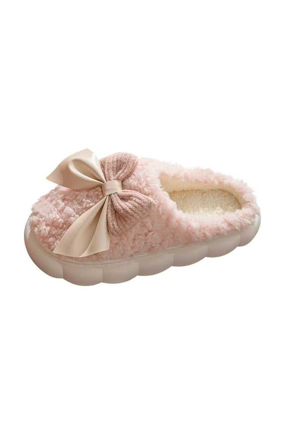 Plush Cute Bow Slippers for Women Warm Comfy Indoor Outdoor Non-Slip House Slippers