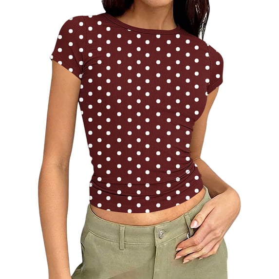 Fengactive Polka Dots Tight T-Shirt for Women Slim Fit Crewneck Short Sleeve Baselayer Tee Tops Going Out Cropped Blouse