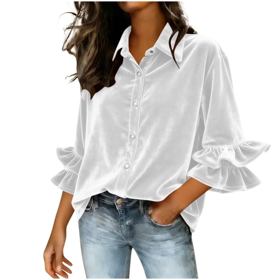 Fengactive Ruffle Batwing Velvet Shirts for Women Loose Button Down Lapel Blouse Elegant Business Casual Party Tops